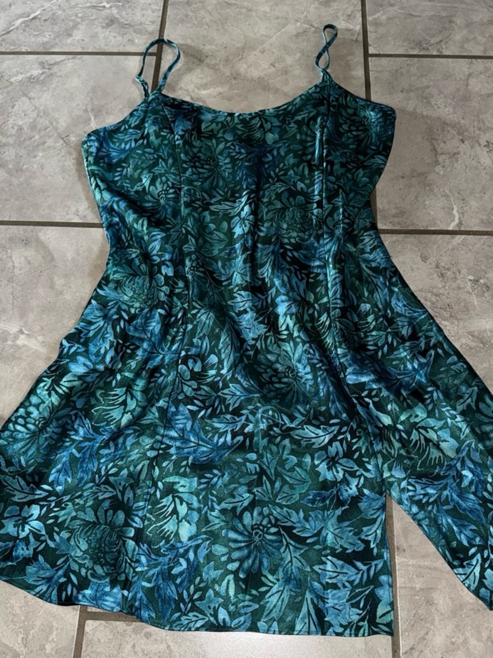 Blue/Teal Floral Satin Slip Dress with slit leg
